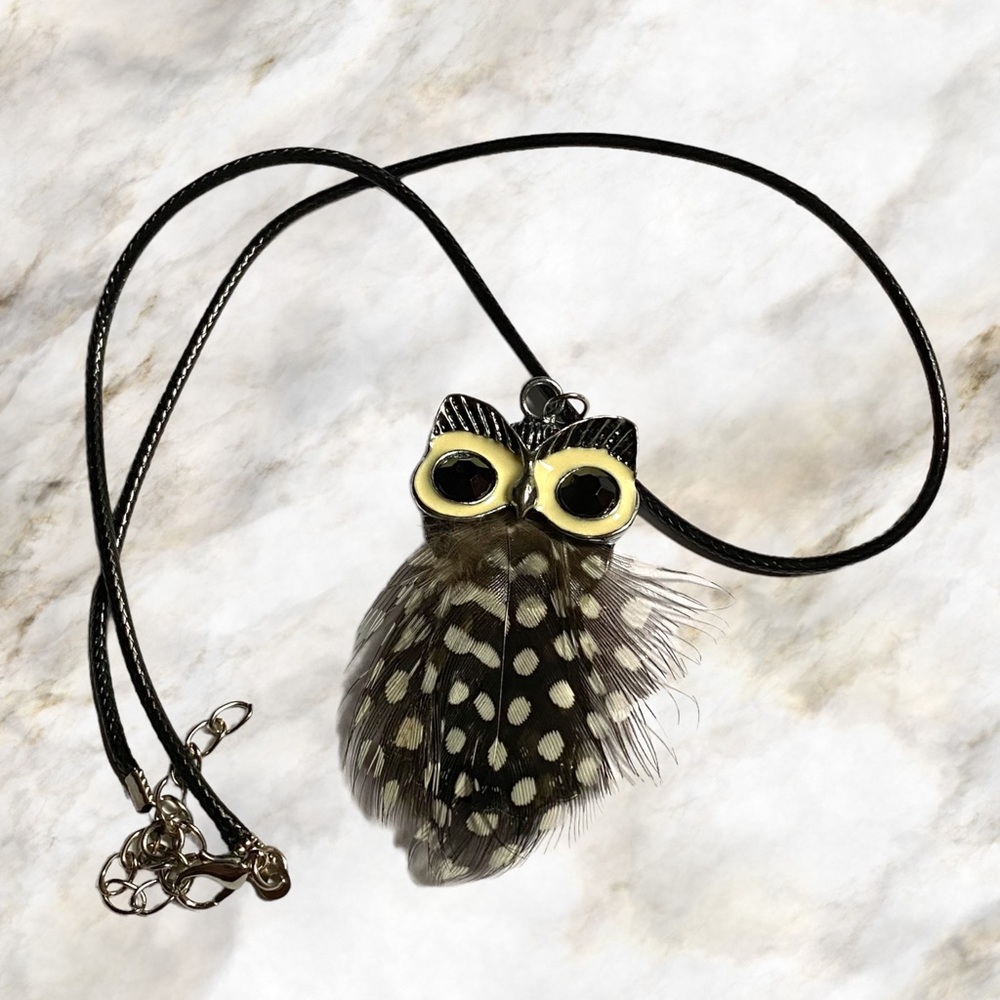 Hand Crafted Necklace Owl Feather Brown Pendant Adjustable Faux Leather
